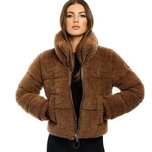 Pink Lily Brown Teddy Sherpa Jacket Plush Faux Fur Zip-Up Coat Tan Short Collar